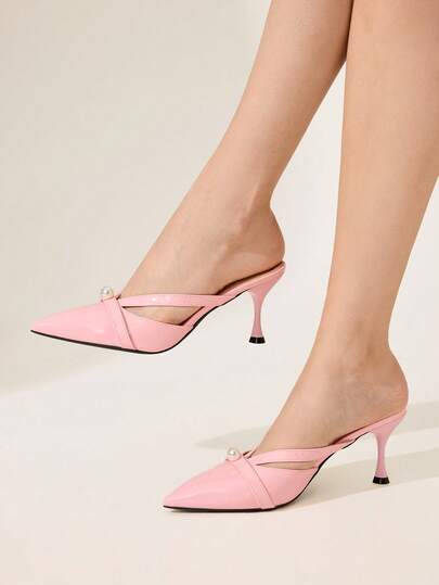 CUCCOO CHICEST Mules de tacón alto elegantes con decoración de perlas falsas y punta puntiaguda para mujer