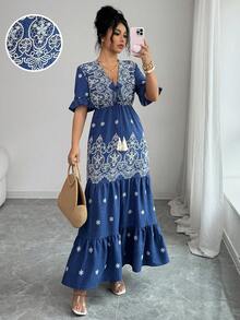 Elenzga 2026春夏新款女士度假印花拼接长裙 - 藍色 - 查看 6