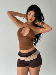 Aloruh Women's Solid Color Beaded Halter Backless Bodycon Fashionable Top - Coffee Brown - View 6