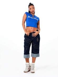 BABYPHAT Script Logo Short Sleeve Raglan Notch Neck Fitted Crop Tee For Spring Summer Casual Streetwear Fashion - Blue - View 3