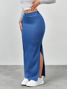 Flexra Women's Casual Fashion Street Chic Overlap Waist Split Thigh Denim Skirt - Blue - View 3