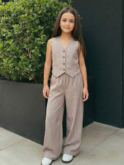 Firerie Kids Firerie Kids Pantalones rectos de pierna ancha con estampado de rayas tejido, estilo casual y elegante para niñas preadolescentes, ideal para ir al colegio o pasear