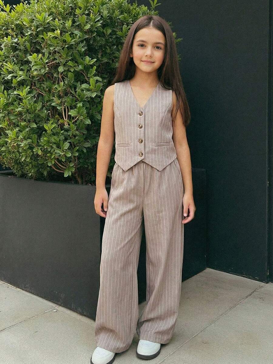 Firerie Kids Firerie Kids Nova Glow 少女休闲街头时尚通勤上学风梭织条纹阔腿直筒裤 - 卡其色 - 查看 1