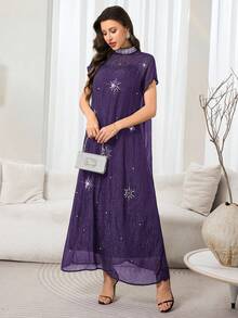 Al Najma Women's Rhinestone Decor Stand Collar Elegant Short Sleeve Dress - Purple - View 6