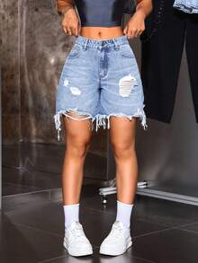SHEIN Tall 女士休闲宽松破洞口袋牛仔短裤 - 藍色 - 查看 5