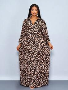 SOLERSUN Đầm maxi nữ thời trang họa tiết da báo cổ chữ V tay cánh dơi dáng rộng có túi, thích hợp cho kỳ nghỉ. - màu nâu - Xem 5