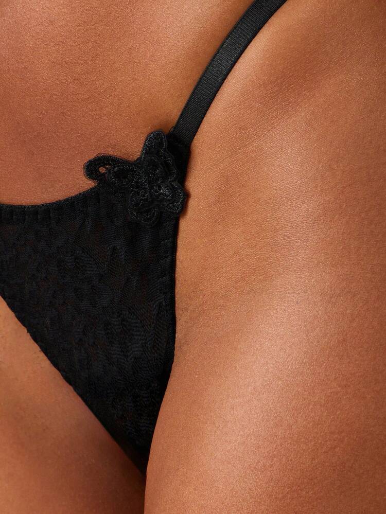 MISSGUIDED Butterfly Applique Black Lace Thong Delicate Floral Embroidered Underwear Intimate Lingerie Triangle String Panty Low Rise Feminine Undergarment