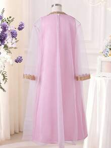 Girls' Traditional Arabic Abaya Dress, Pink & Gold Embroidered Beaded Lace Long Sleeve Robe With Mesh Overlay - Pink - View 2