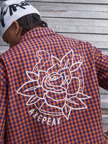 AXEPEAK 男士花卉格纹短袖单排扣休闲衬衫 - 橘色 - 查看 4