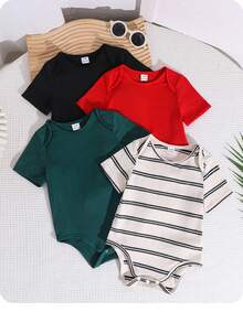 4pcs/Set Baby Boy/Girl Cute Knitted Elastic Striped Short Sleeve Rompers, Basic Bodysuits, Spring/Summer - Multicolor - View 4