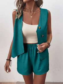 EMERY ROSE Women's Casual Summer Vacation & Commute Solid Color Wrap Button Sleeveless Top And Shorts 2-Piece Set - Teal Blue - View 3