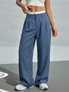 Muchica 秋冬季女士褶裥条纹阔腿西装裤，撞色腰带设计 - 霧霾藍 - 查看 3
