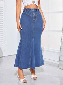 SHEIN Elenzya Plus Size Casual Everyday Washed Denim Fish Tail Hem Skirt - Medium Wash - View 4