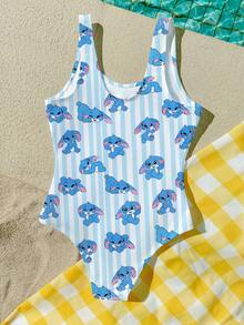 Tween Girl Cute Cartoon Blue Stitch & Rabbit Striped One-Piece Swimsuit, Suitable For Swimming, Vacation, Summer Beach - Blue and White - View 4