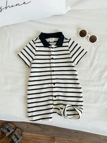 SHEIN 新生儿男女通用休闲针织条纹翻领连体衣，适合生日派对、锐舞派对、晚宴、演出、婚礼、满月庆典、洗礼和一周岁生日、婚礼宾客、婴儿派对等场合。 - 彩色 - 查看 5