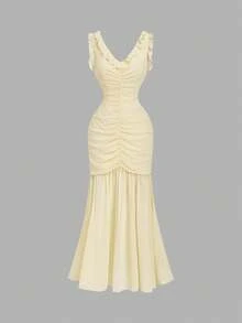 SHEIN MOD Women's Elegant Pale Yellow Chiffon Ruffle V Neck Sleeveless Fitted Ruched Mermaid Maxi Dress - Pale Yellow - View 8