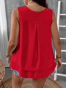 SHEIN CURVE+ 加大码 US22 音乐节、海滨度假、波西米亚情人节女士 V 领无袖荷叶边休闲衬衫 - 紅色 - 查看 2