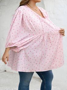 SHEIN CURVE+ Curve 尺码 US22 音乐节、海滨度假、波西米亚风 CURVE PLUS / / 女士系带领灯笼袖条纹爱心印花荷叶边下摆宽松衬衫 - 彩色 - 查看 5