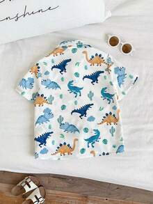SHEIN 男童可爱休闲度假恐龙棕榈树印花短袖衬衫，适合夏季、春季户外运动、旅行 - 彩色 - 查看 4