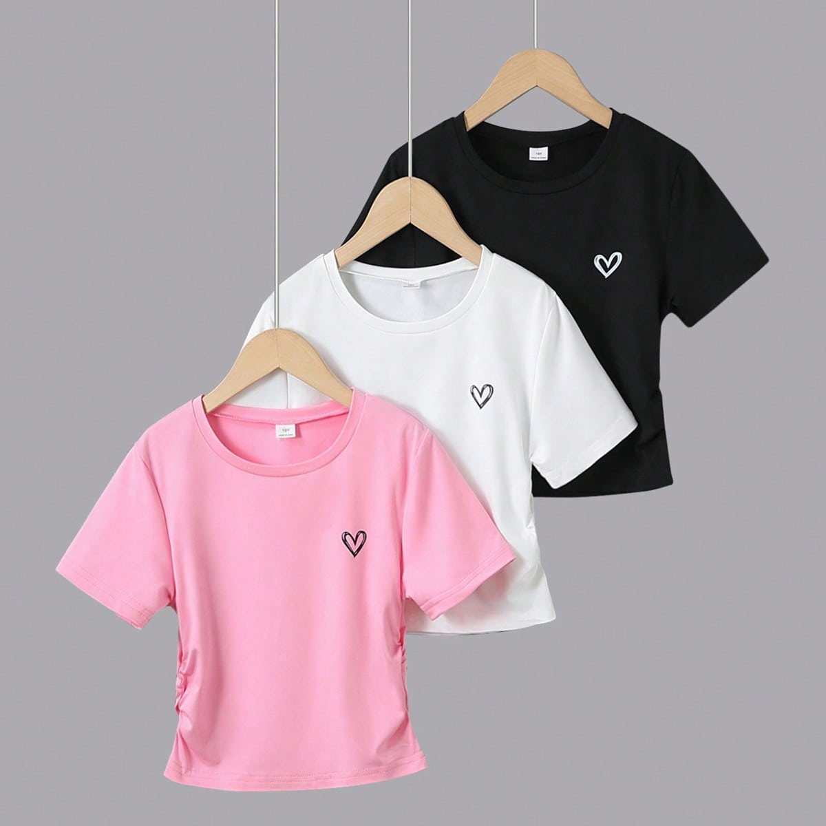 Conjunto de 3 piezas de camiseta de manga corta con estampado de lazo en la cintura para niñas, que incluye gris, rosa y negro