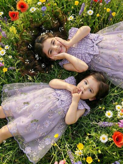 Sparklyn 女童优雅花卉网纱拼接公主裙，质感面料，夏季