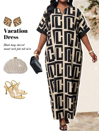 Fleurora Plus Size Women V-Neck Geometric Print Casual Vacation Dress