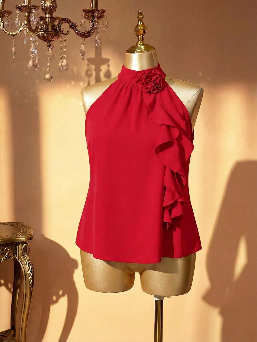 Rometta Áo cổ bèo nhún họa tiết hoa 3D thanh lịch cỡ lớn mùa hè cho quần áo năm mới - Đỏ - Xem 1