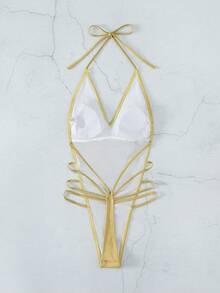 Swim SXY 2件装金属丝纯色性感丁字比基尼，绑带沙滩泳装，热销款 - 金色 - 查看 7