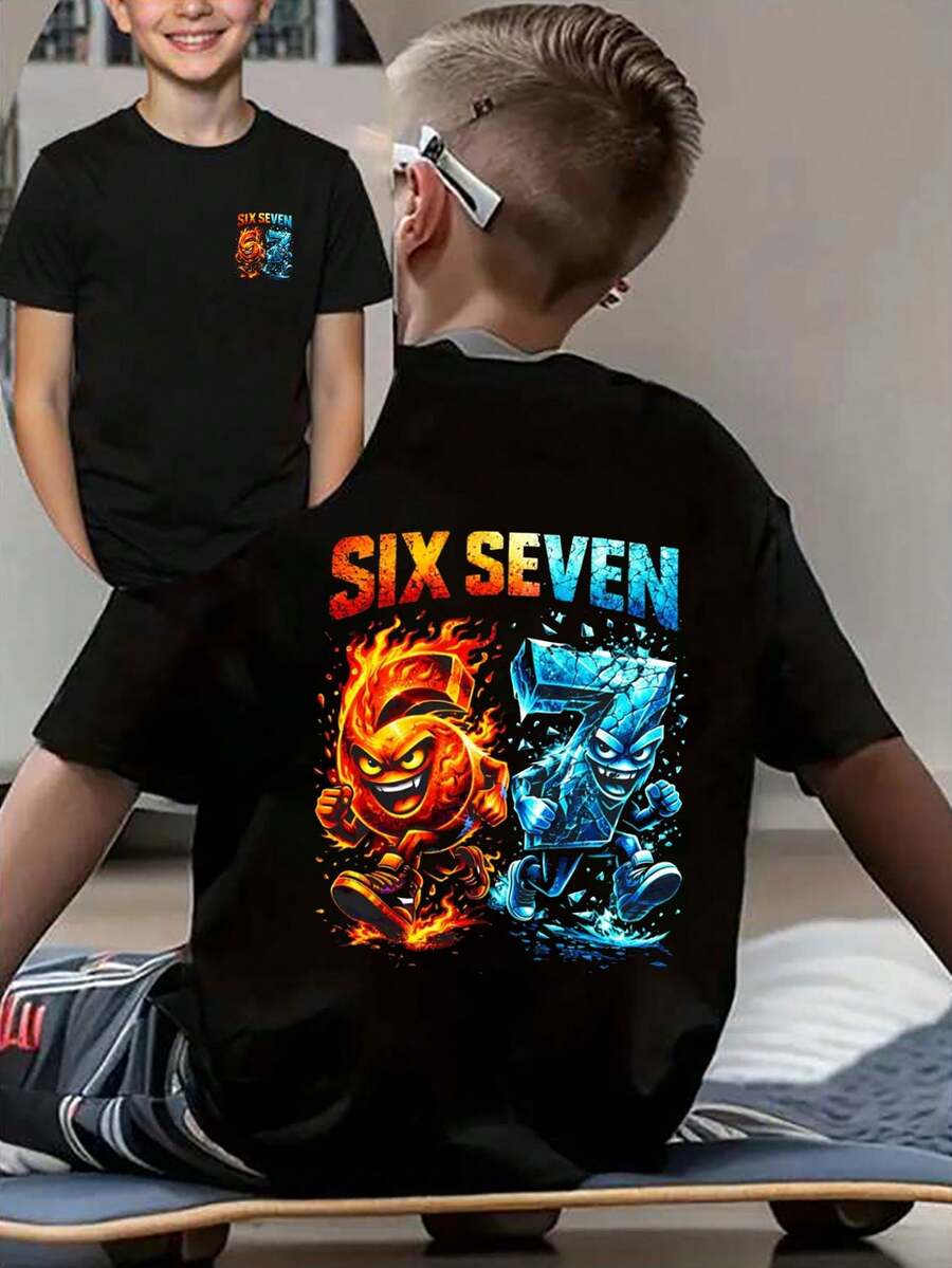男童休闲“67”双面印花短袖圆领T恤，适合外出穿着，黑色短袖上衣，“Six Seven”上衣，适合夏季及所有季节 - 黑色 - 查看 1