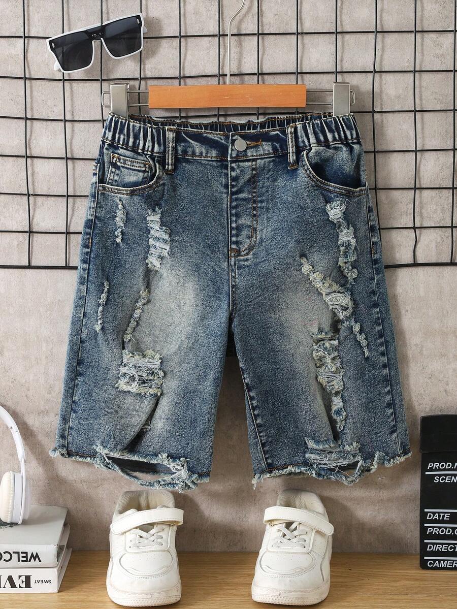 SHEIN Tween Boys' Fashionable Street Style Slim Fit Distressed Light Wash Blue Denim Shorts, Casual Everyday Versatile - Dark Wash - View 1