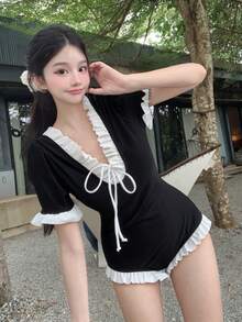 DAZY 女士拼色前系带防晒衣，简约休闲，适合夏季海滩度假 - 黑色 - 查看 6