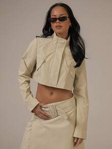 MUSERA Faux Leather Zip Through High Neck Cropped Jacket Spring Summer Cute Cosy Cottage Core Spring Dew - Khaki - View 1