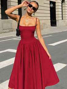 INAWLY Red Casual Versatile Ruched Backless Camisole Dress - Red - View 4