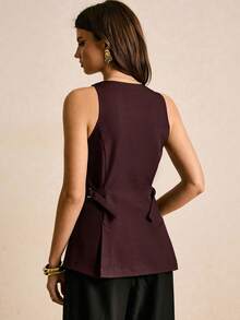 2026 Camiseta sin mangas ajustada de mujer con cuello en V y botones delanteros de unicolor - Café integral - Ver 7
