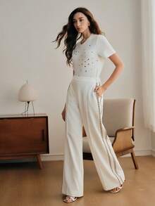 Anewsta Spring New Stylish Intellectual Floral Jacquard Women's Suit Pants - White - View 6