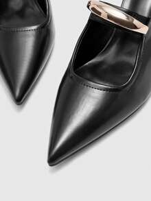 CUCCOO BIZCHIC New Women's Black Pointed Toe Metal Buckle Strap Slip-On Mules, Commuting Business Office Outfit Mid-Heel Slides - Black - View 8