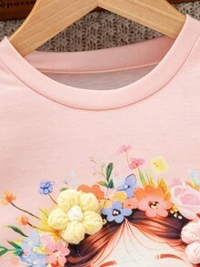 SHEIN 2件套少女休闲人像印花圆领短袖T恤和裤子夏季套装 - 淺粉色 - 查看 7