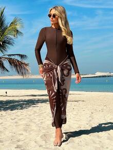 Swim Mulvari 新款棕色长袖防晒衣，复古印花系带网纱裙泳衣三件套 - 彩色 - 查看 1