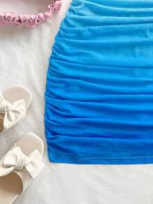Soleia Plus Size Women's Holiday Sunset Ombre Print Knit Mesh Strapless Off-Shoulder Bodycon Mini Dress, Hollow Out Backless, Suitable For Holiday, Date, Afternoon Tea, Wedding Season, Beach, Cruise, City Vacation, Boho Vacation, Music Festival , Carnival.Summer Outfits,Vacation Outfits Women,Holiday Outfits For Women,Beach Outfits For Women,Carnival Outfit. - Blue - View 5