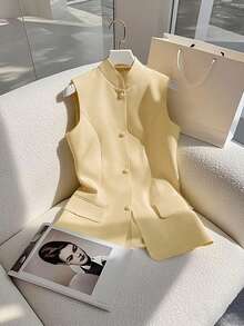 Franclia 女士芥末黄背心外套，立领优雅魅力商务通勤装 - 黃色 - 查看 1