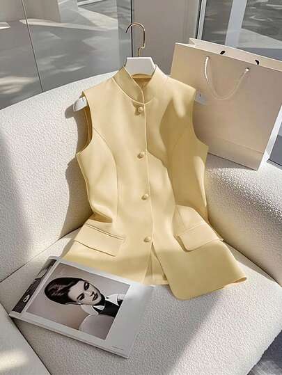 Franclia Women's Mustard Yellow Vest Jacket, Stand Collar Elegant Charm Business Commute Outfit