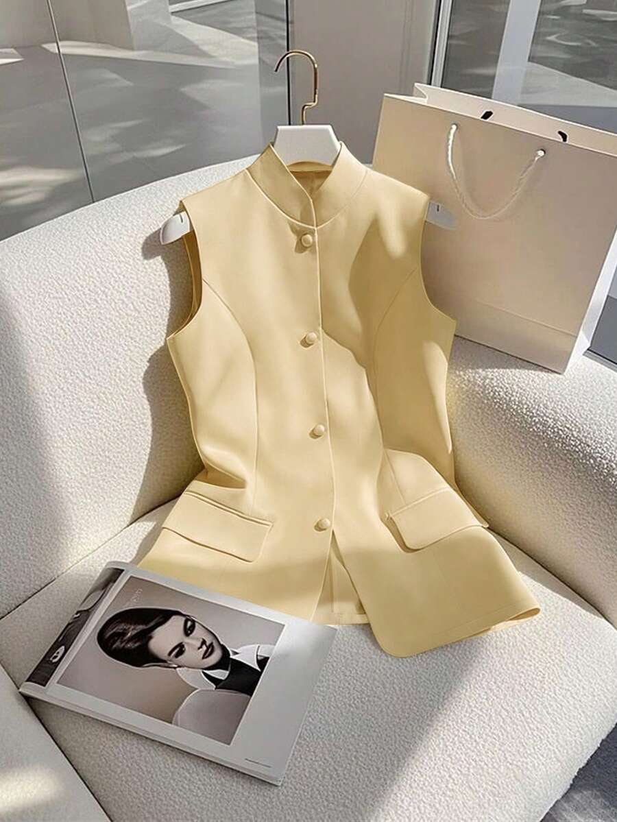 Franclia 女士芥末黄背心外套，立领优雅魅力商务通勤装 - 黃色 - 查看 1