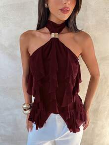 Aloruh Women's Elegant Multi-Layer Ruffle Trim Stand Collar Fitted Tank Top - Burgundy - View 5