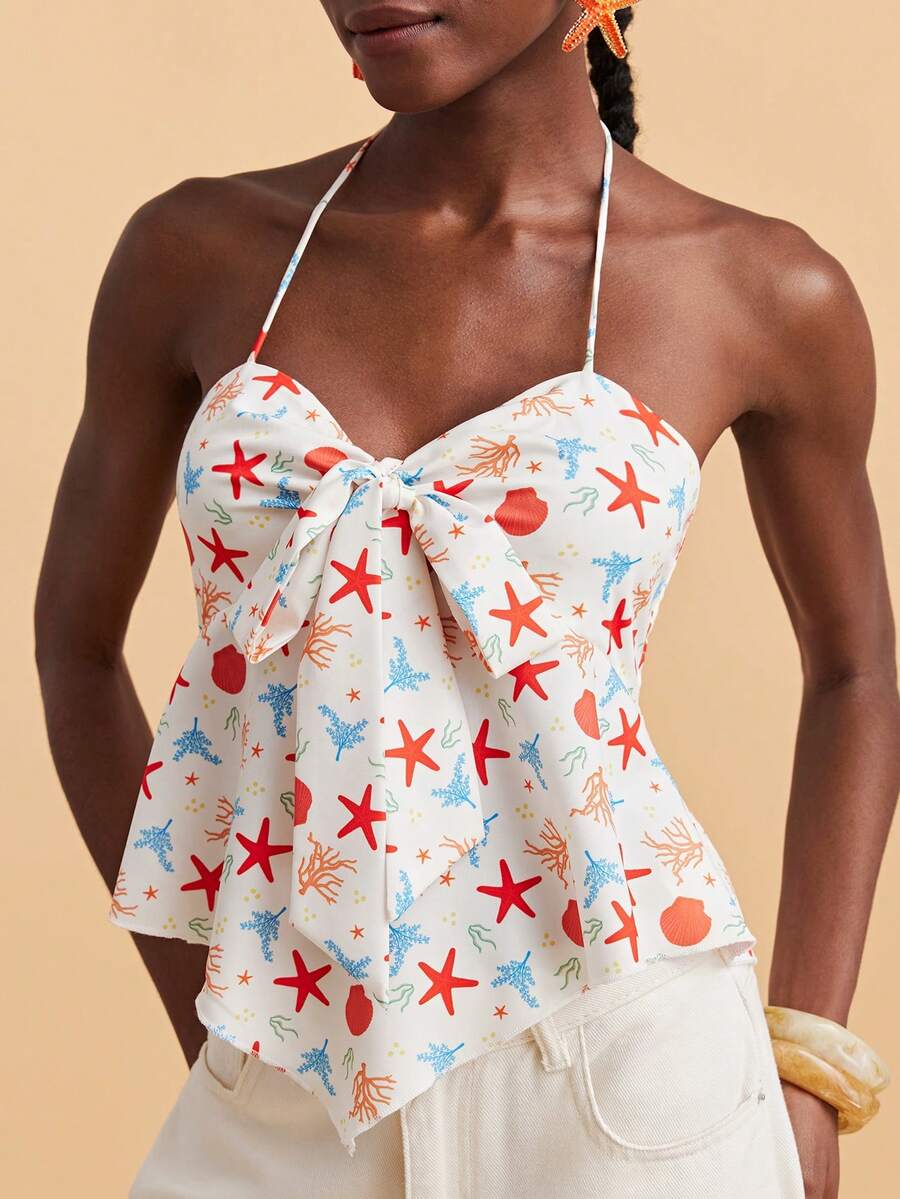 Travachic Women's Beach Vacation Knotted Front Seashell & Starfish Print Halter Top - Apricot - View 1