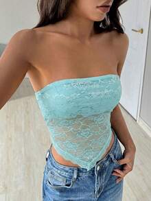 SHEIN EZwear Mint Blue Lace Patchwork Asymmetric Hem Sexy Sleeveless Off-Shoulder Crop Top, Spring/Summer,Summer Top - Mint Blue - View 4