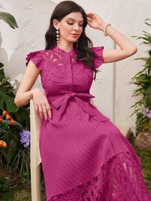 Modelyn 酒红色女士纯色简约日常系带连衣裙长款女装晚礼服 - 玫紅色 - 查看 4
