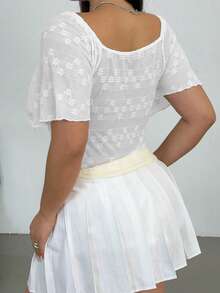 Vibekara Plus Size Women Summer Casual Bohemian Vacation Style Sweetheart Neck Patchwork Shell Tape Flutter Sleeve Knot Front Fitted Blouse - White - View 2