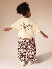 SUMWON Girls Oversized Cream T-Shirt And Leopard Print Jogger Pants Co-Ord Set With Script Text Detail Casual Vacation - Multicolor - View 1