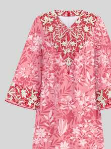 SHEIN 甜美花卉印花图案，可爱穆斯林女孩长袍，适合春夏穿着的少女休闲简约连衣裙，祈祷长袍，舒适易穿，休闲装，度假风，端庄长袍，长袍，休闲装，春夏服装，新款，春夏时尚 - 白色 - 查看 5