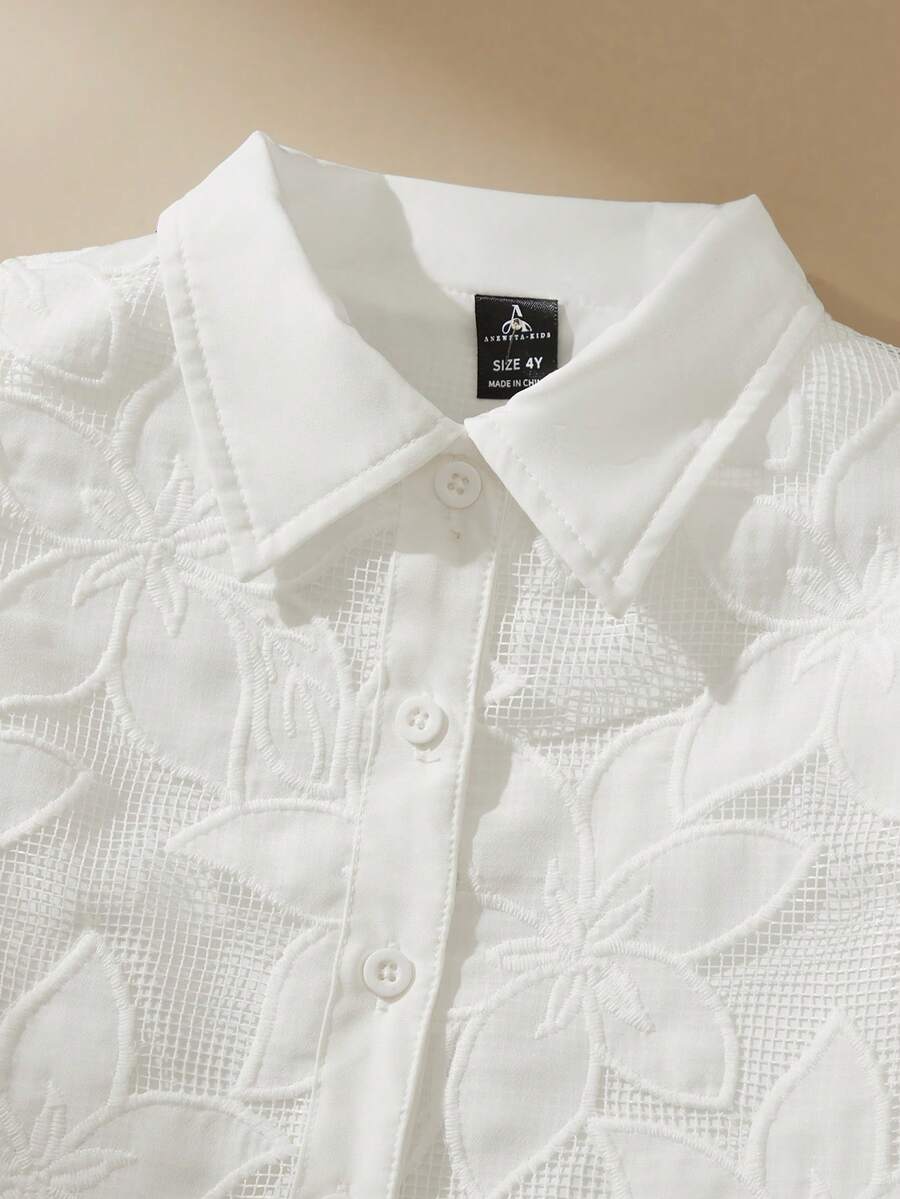 SHEIN Elladie kids Young Girl Solid Color Button Front Short Sleeve Shirt And Shorts Set, Young Girls Linen Retro Outfit, Summer Little Girl Outfit Sets For Recognition - White - View 1